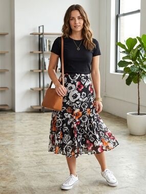 Chico's Black Midi Skirt with Orange and Pink Floral Print Silk